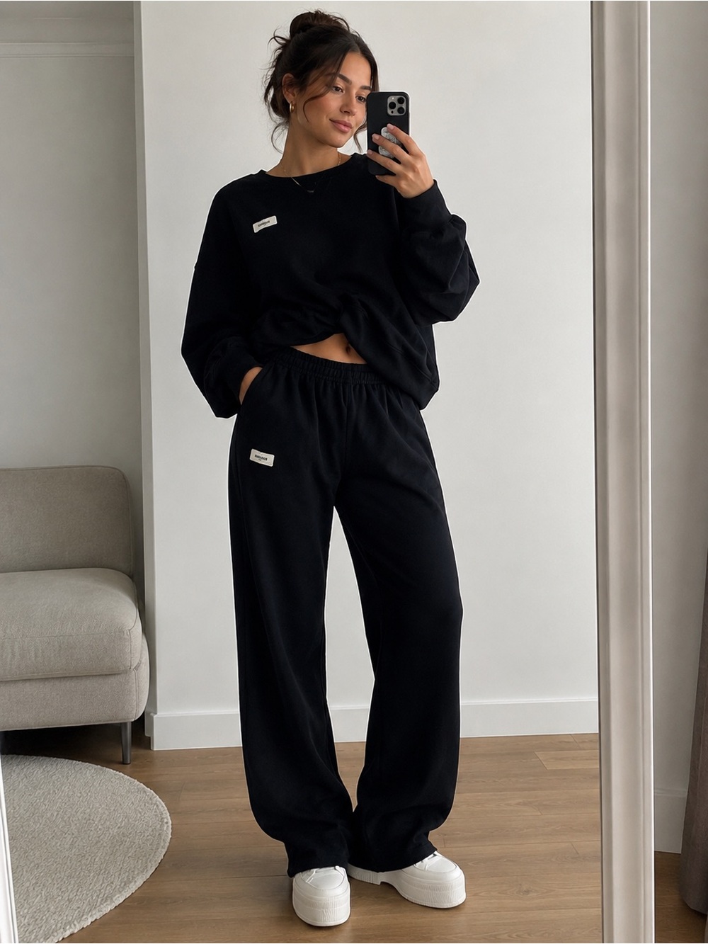 NWT 1987 The Label Cambridge Flare and cropped Crew sweatshirt Set Blackout Sz S